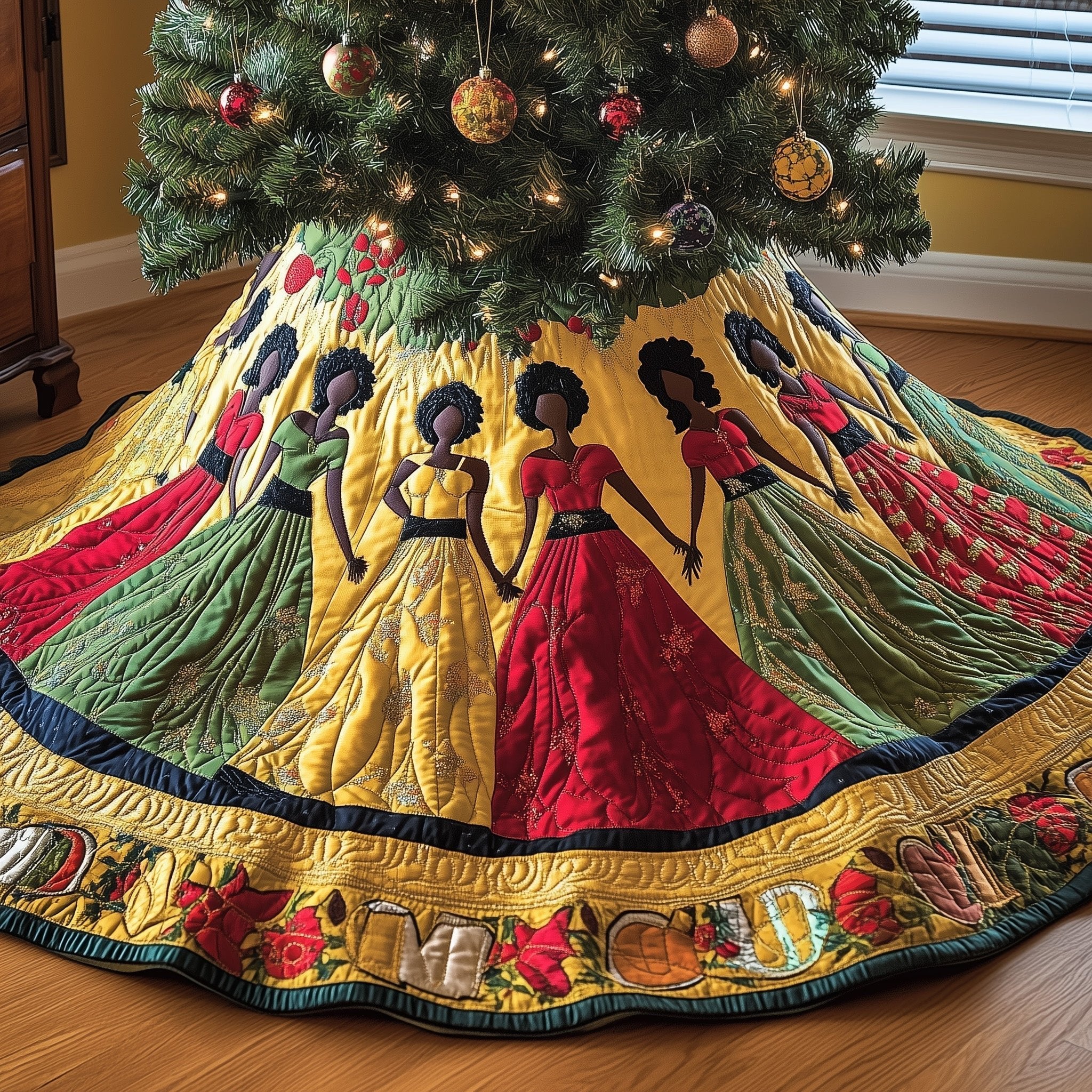 Women in Green and Red Gowns Christmas Tree Skirt