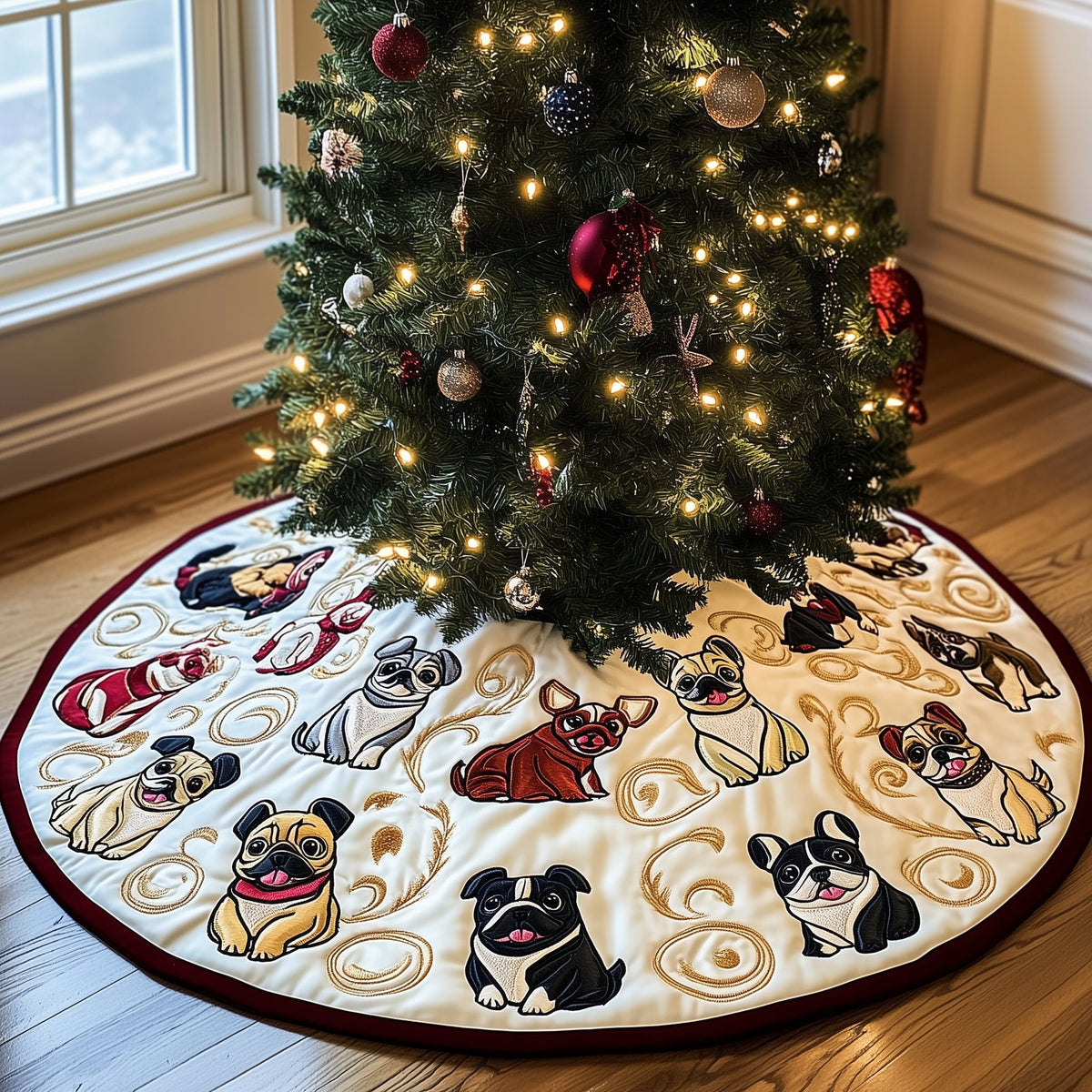 Pug and Bulldog Group on Cream Christmas Tree Skirt