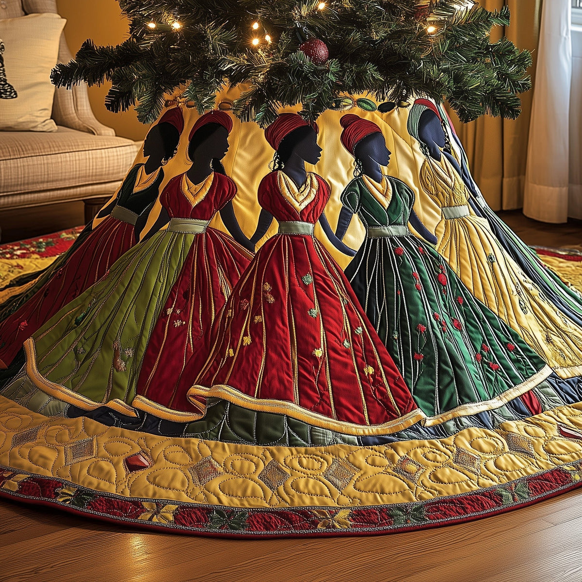 Women in Long Gowns of Red and Gold Christmas Tree Skirt