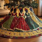 Women in Long Gowns of Red and Gold Christmas Tree Skirt