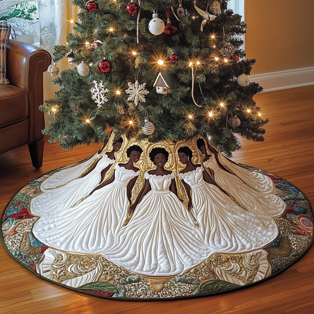 Women in Flowing White Gowns Christmas Tree Skirt