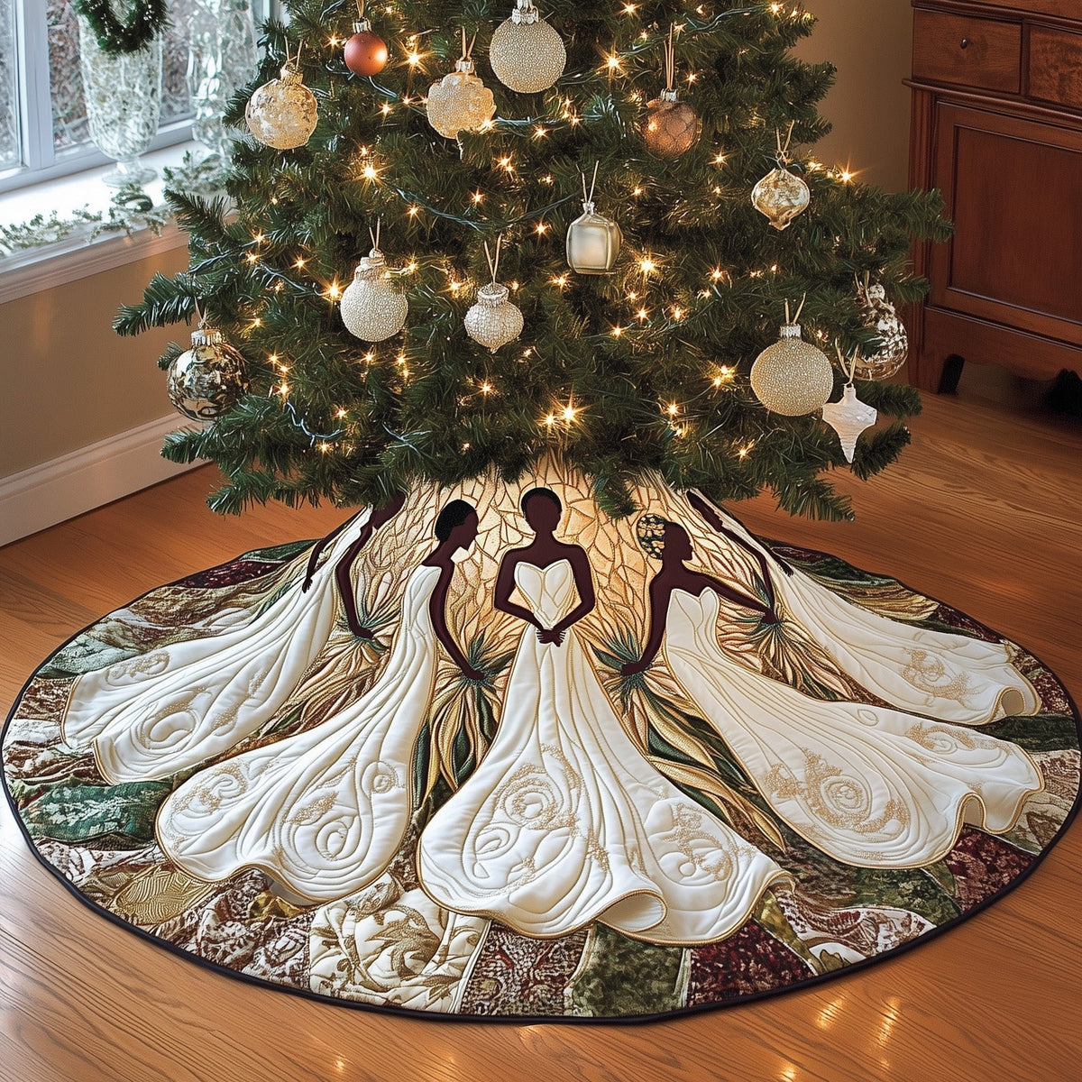 Two Women in Ivory Gowns Christmas Tree Skirt