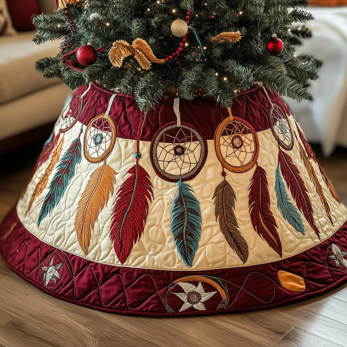 Dreamcatchers with Burgundy Border Christmas Tree Skirt