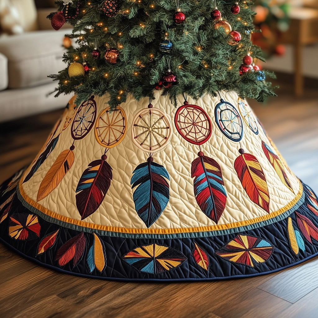 Dreamcatchers with Navy Diamond Border Christmas Tree Skirt