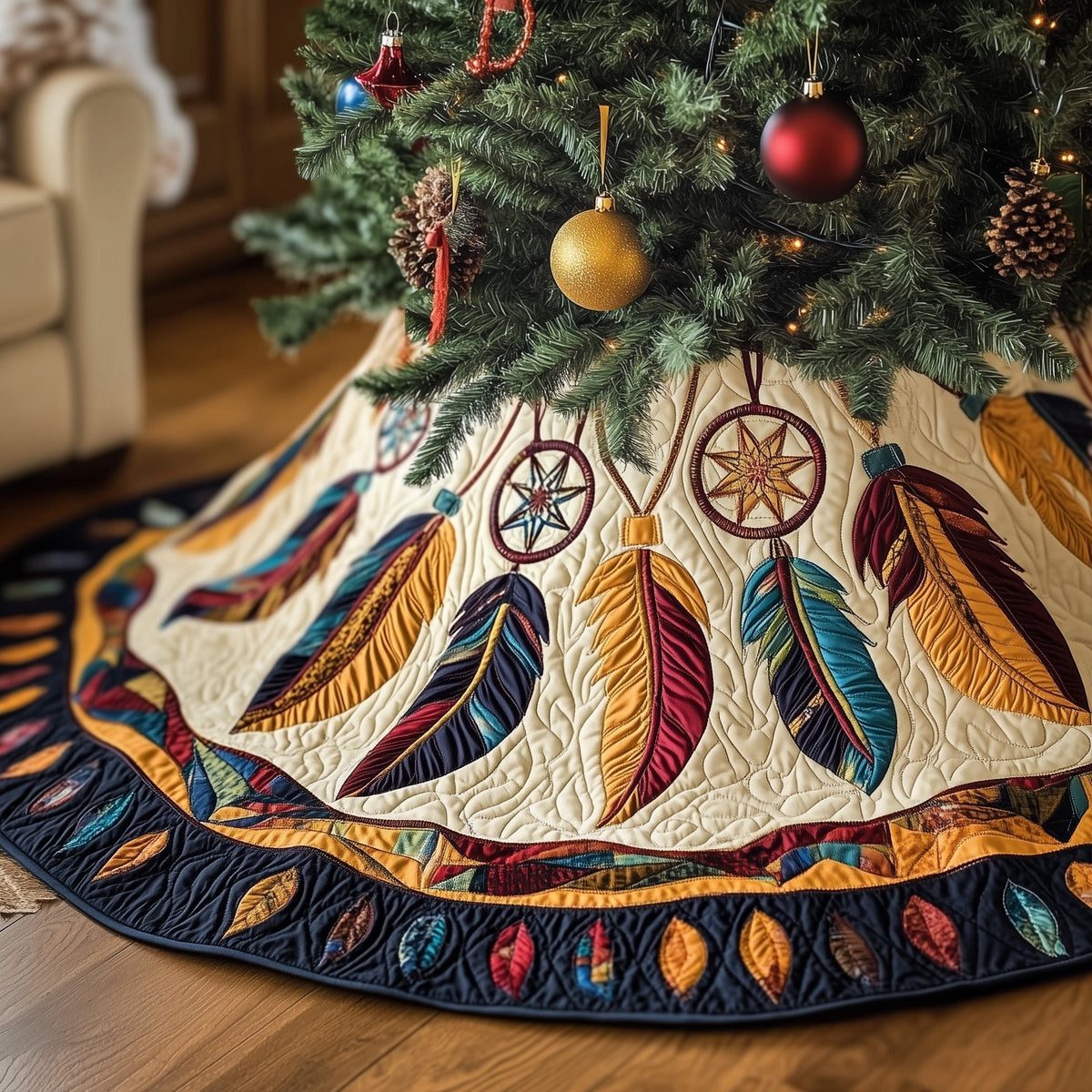 Dreamcatchers Above the Leaf Border Christmas Tree Skirt