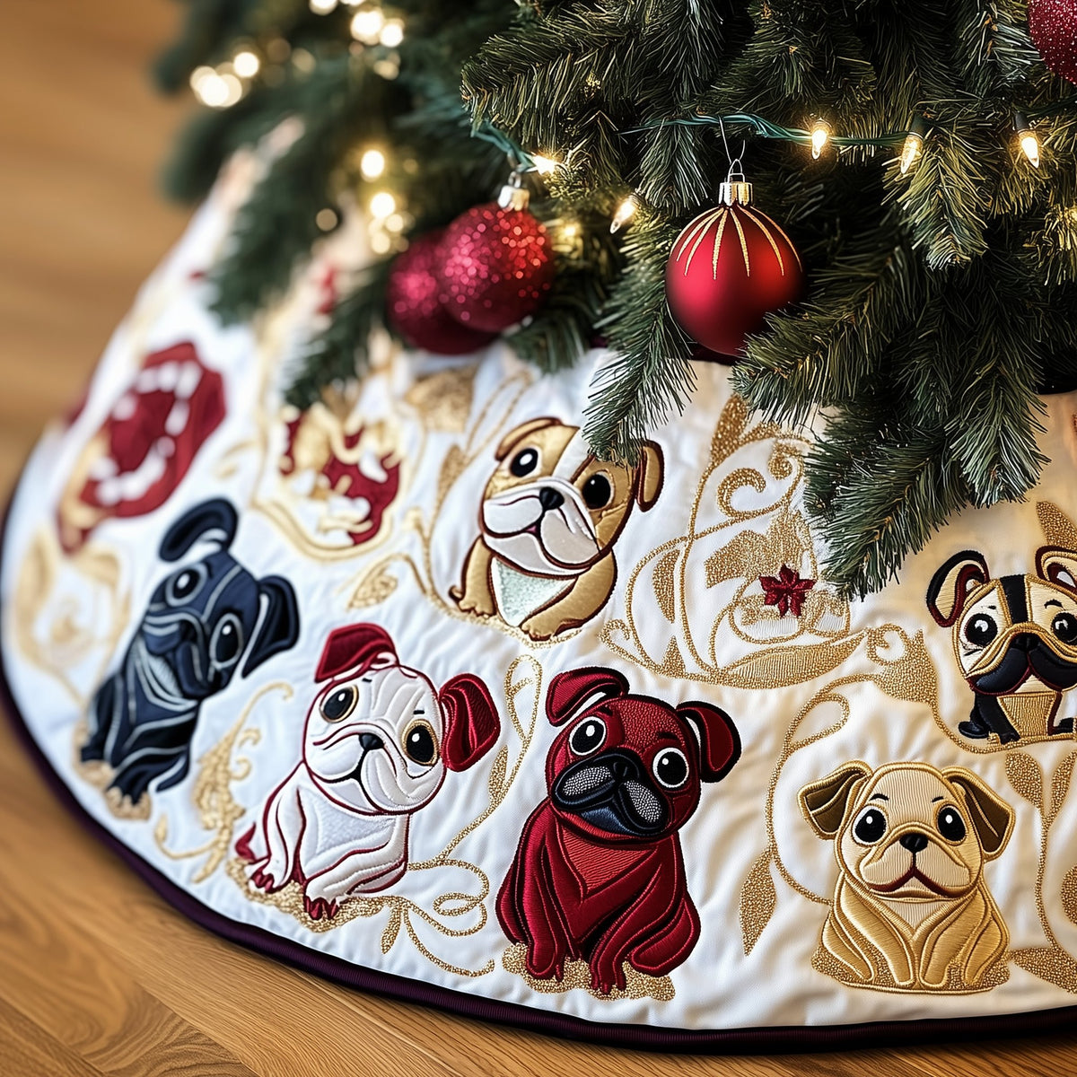 Bulldogs and Pugs with Red Accents Christmas Tree Skirt