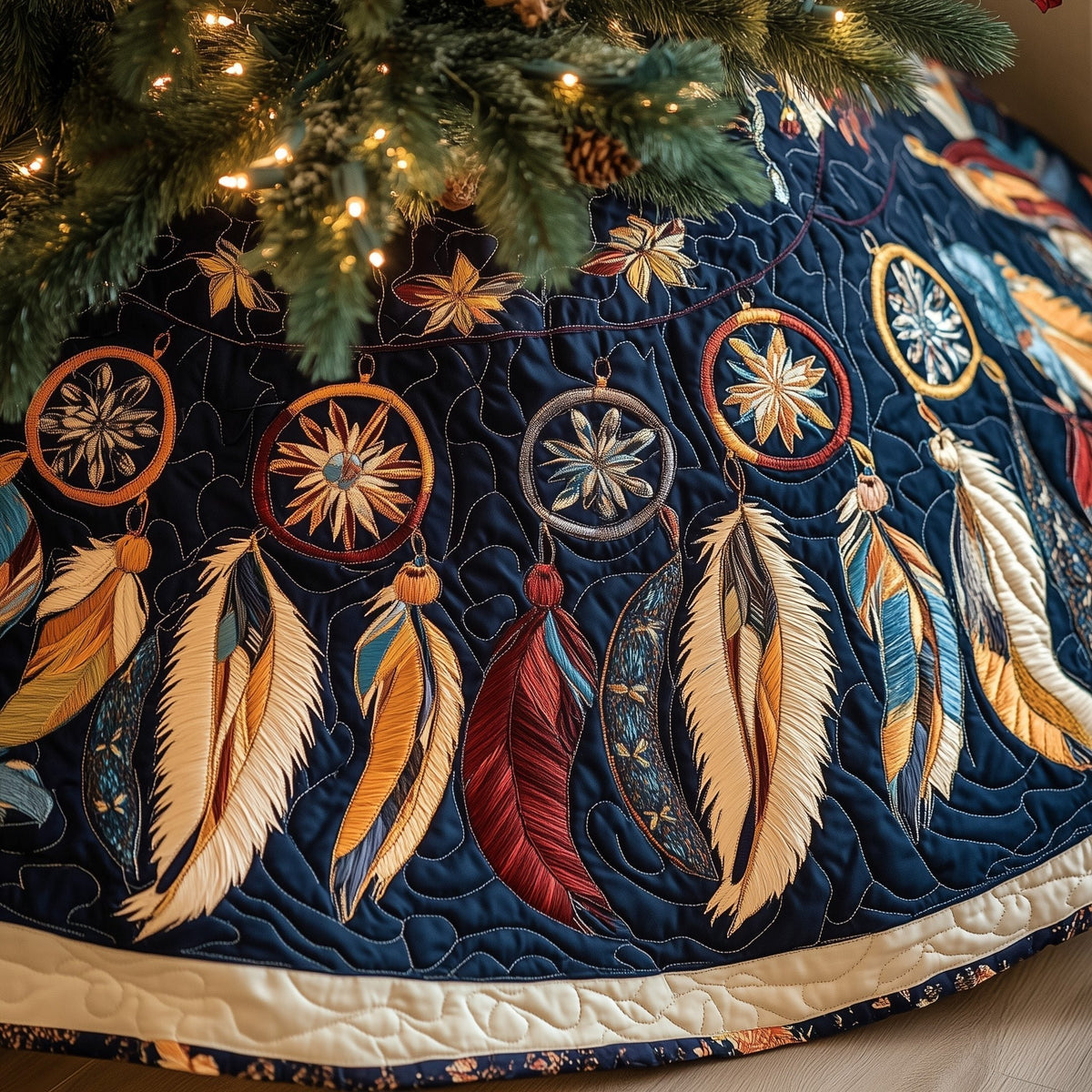 Dreamcatchers on Navy with Warm Feathers Christmas Tree Skirt