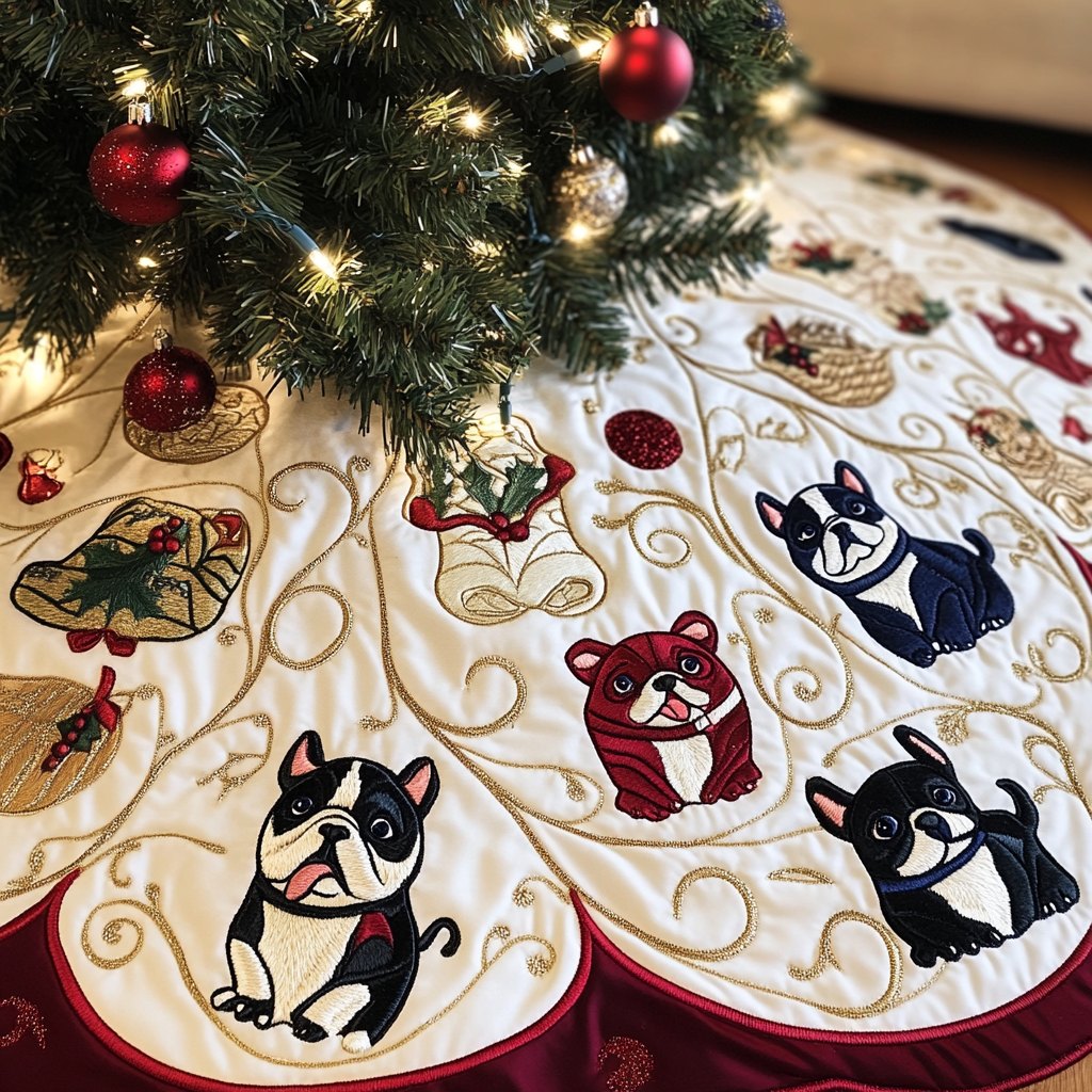French Bulldogs in Gold Medallions Christmas Tree Skirt