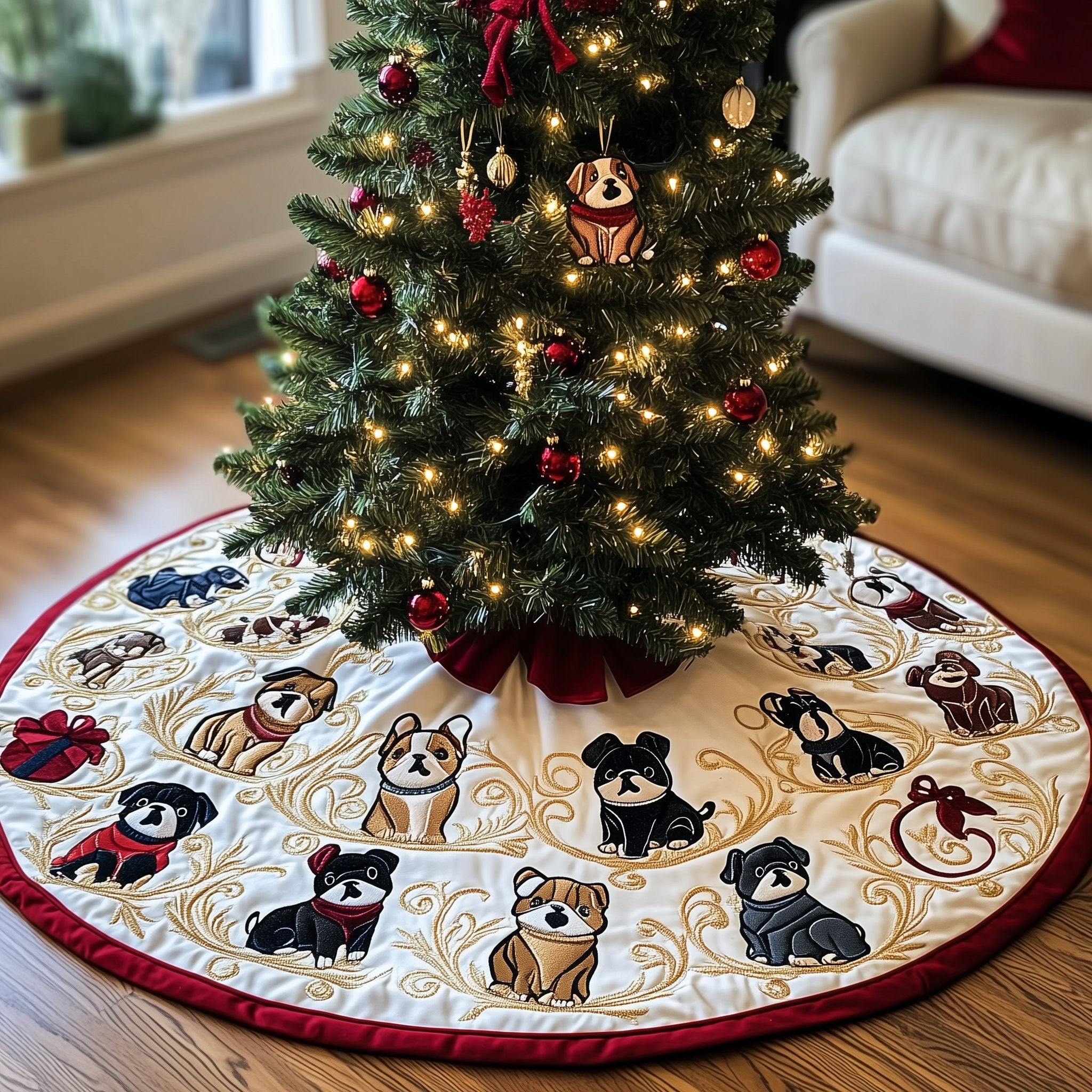 Bulldogs on Cream with Red Border Christmas Tree Skirt