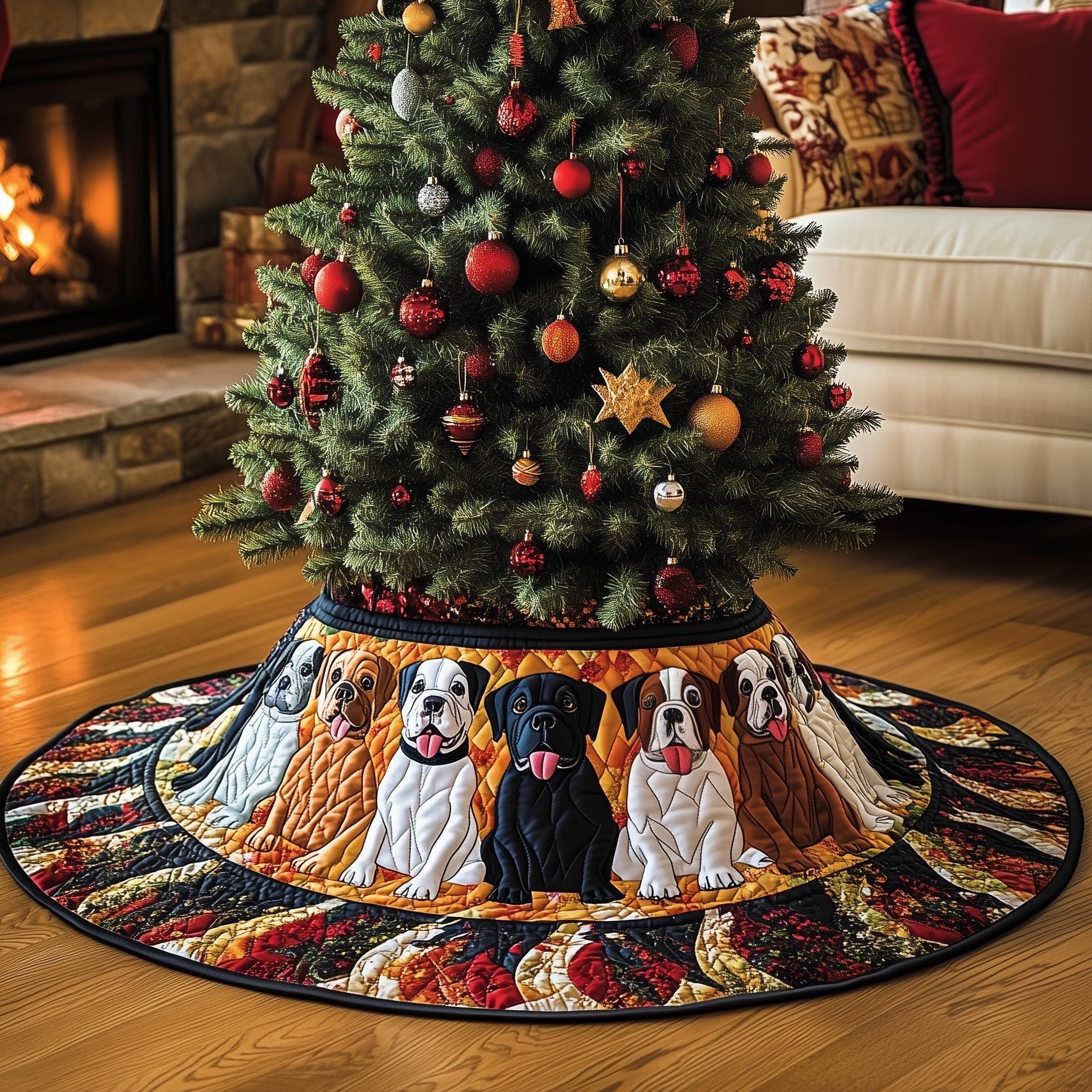 Boxers on Cream Patchwork Border Christmas Tree Skirt