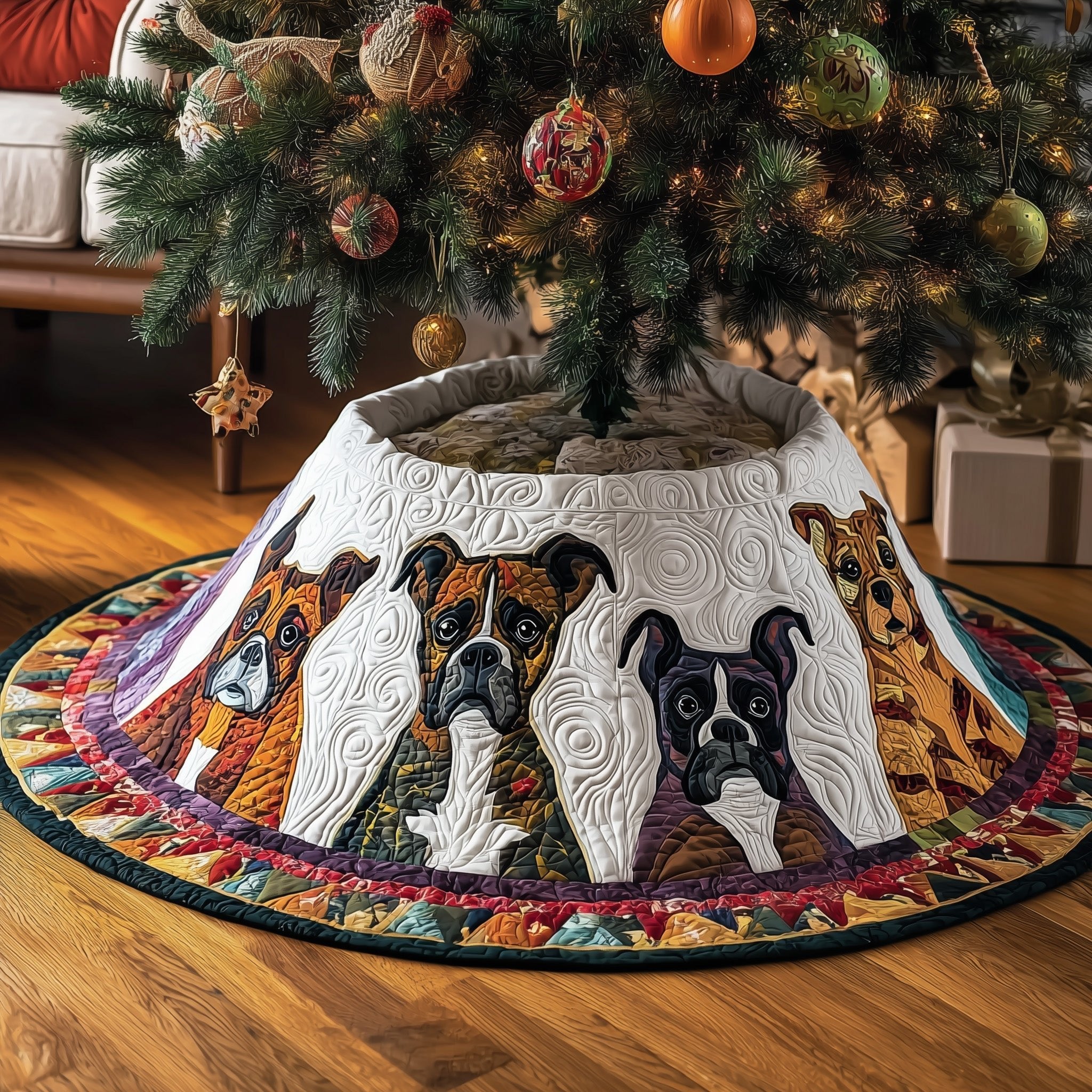 White Boxers on Ivory Quilt Christmas Tree Skirt