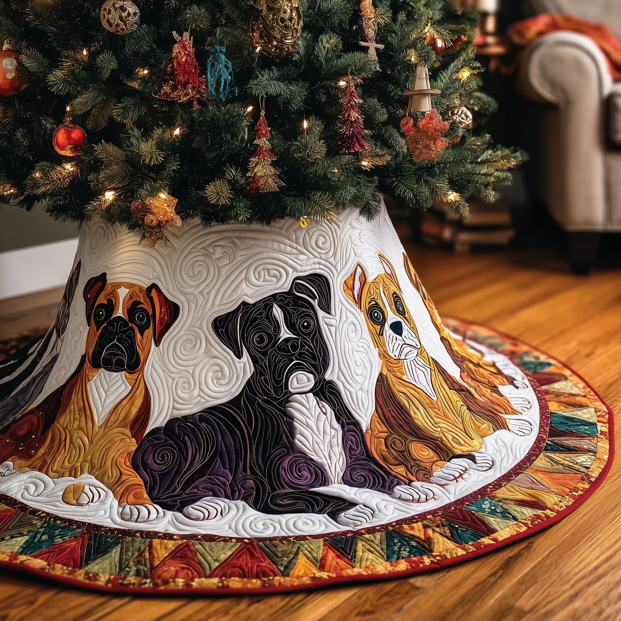 Black and Fawn Boxers Fiery Colors Christmas Tree Skirt