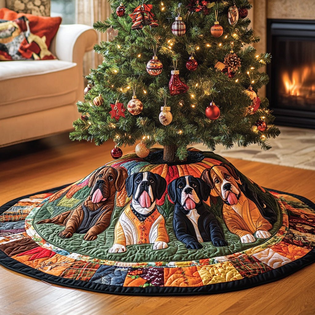 Boxers on Orange and Green Patchwork Christmas Tree Skirt