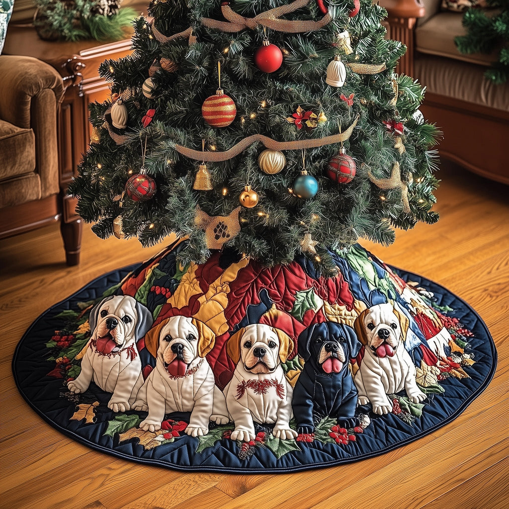 Boxer Family on Color Block Quilt Christmas Tree Skirt