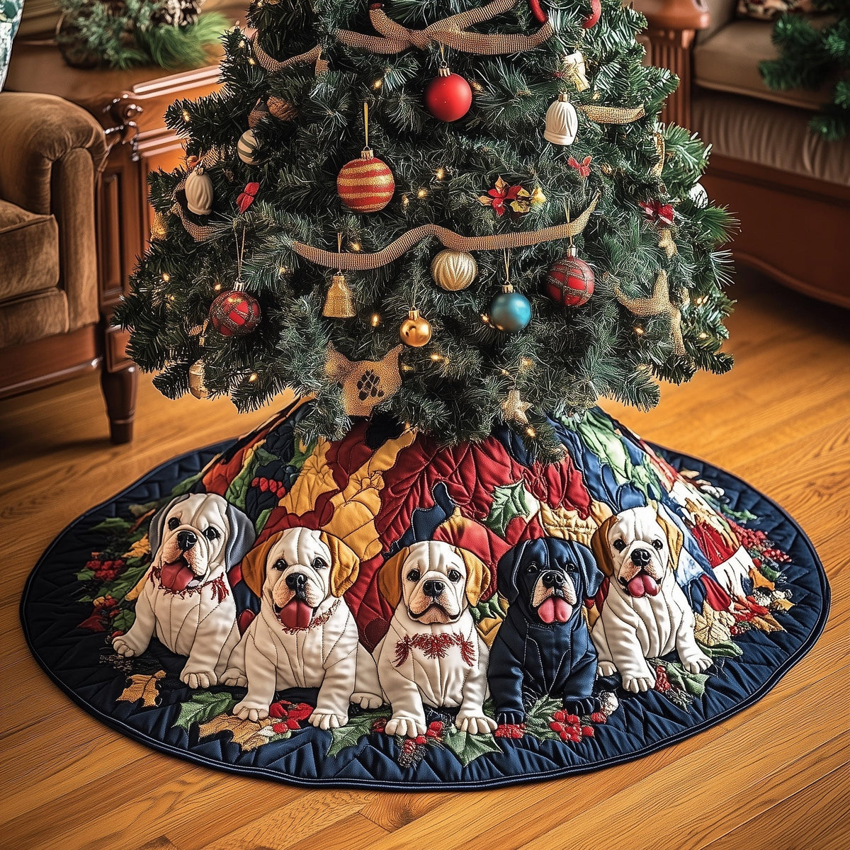 Boxer Family on Color Block Quilt Christmas Tree Skirt