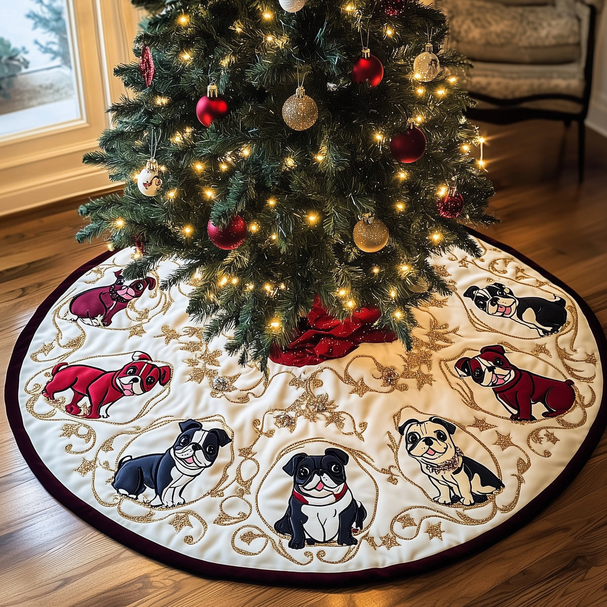 Frenchies in Red Sweaters on Cream Christmas Tree Skirt