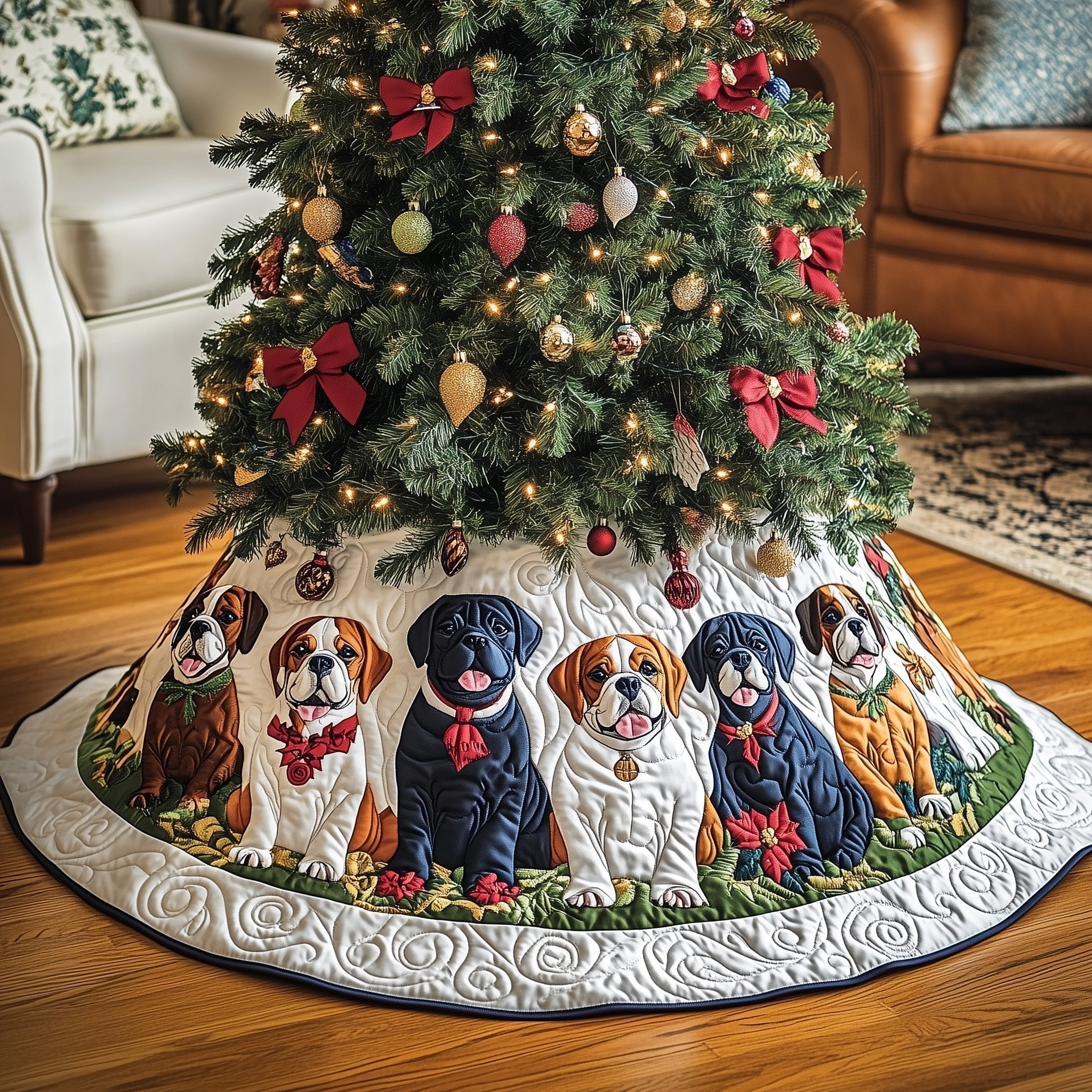 Boxers with Red Bows on White Christmas Tree Skirt