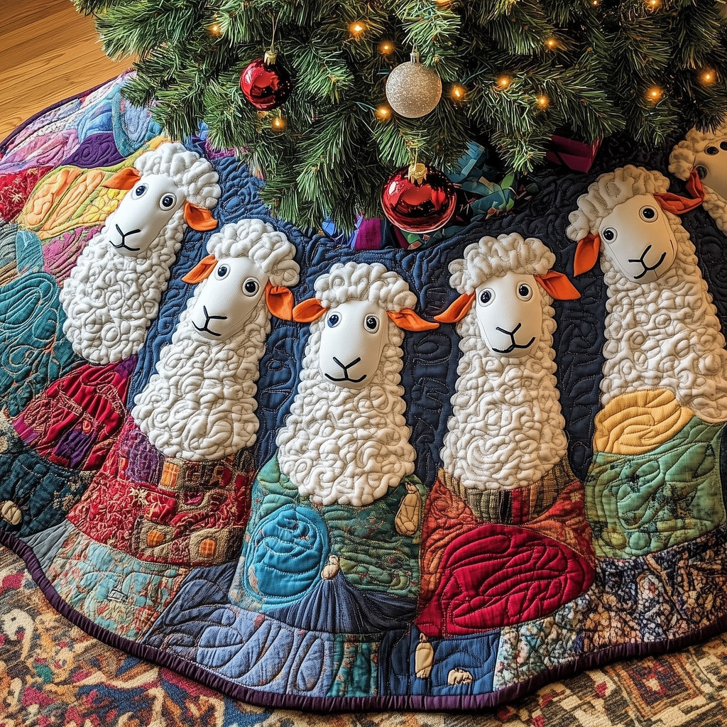 White Sheep on Blue and Red Patchwork Christmas Tree Skirt
