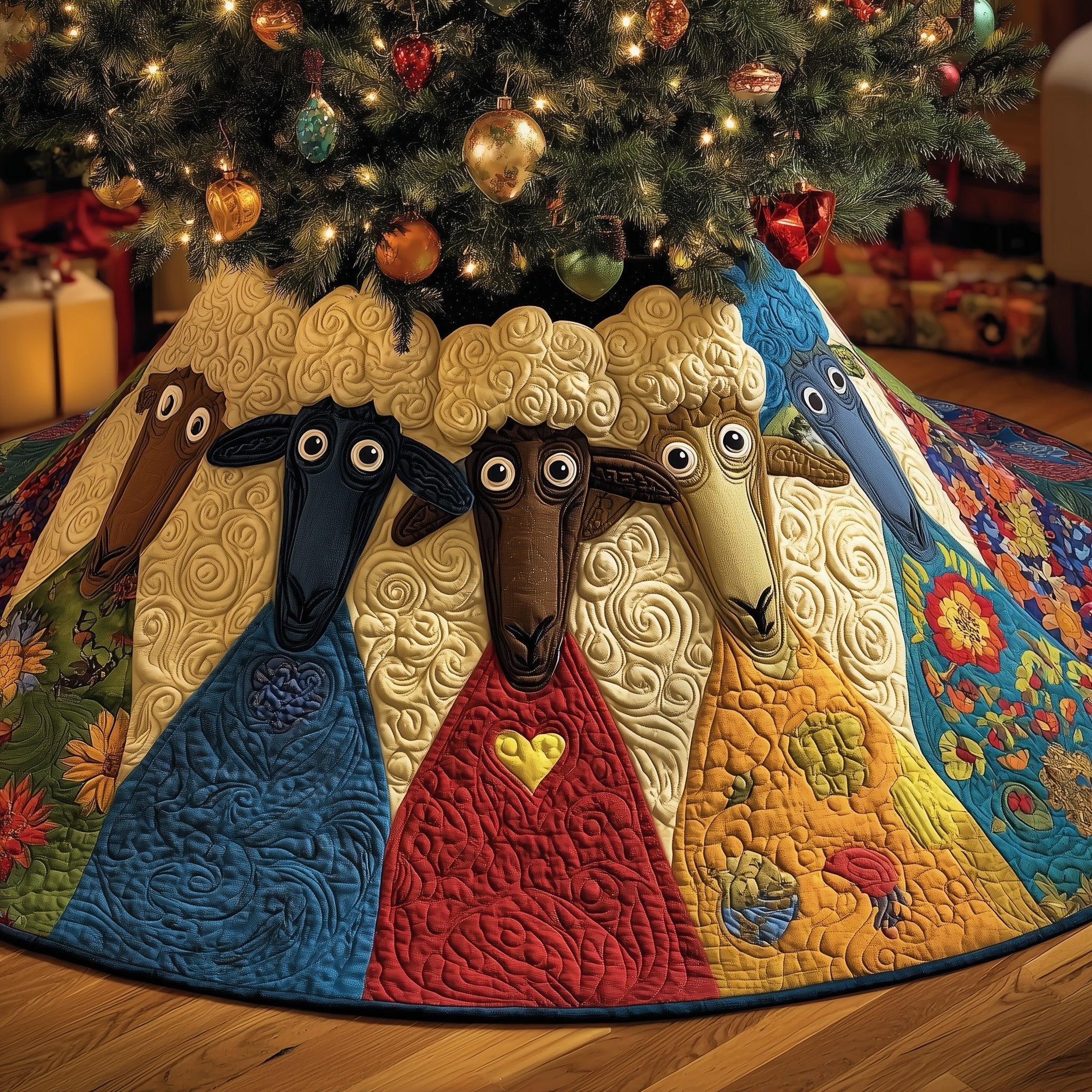 Sheep on Bold Color Blocks Christmas Tree Skirt