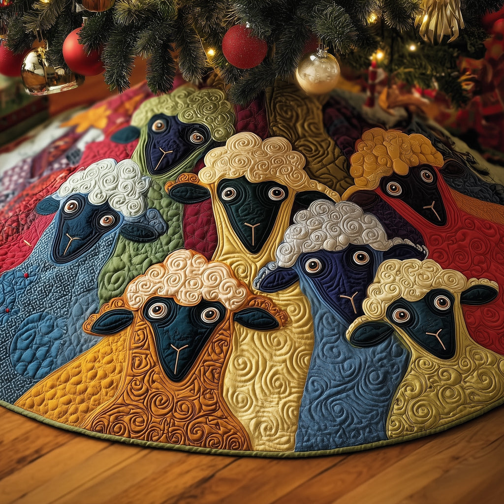 Sheep Faces on Yellow and Blue Christmas Tree Skirt