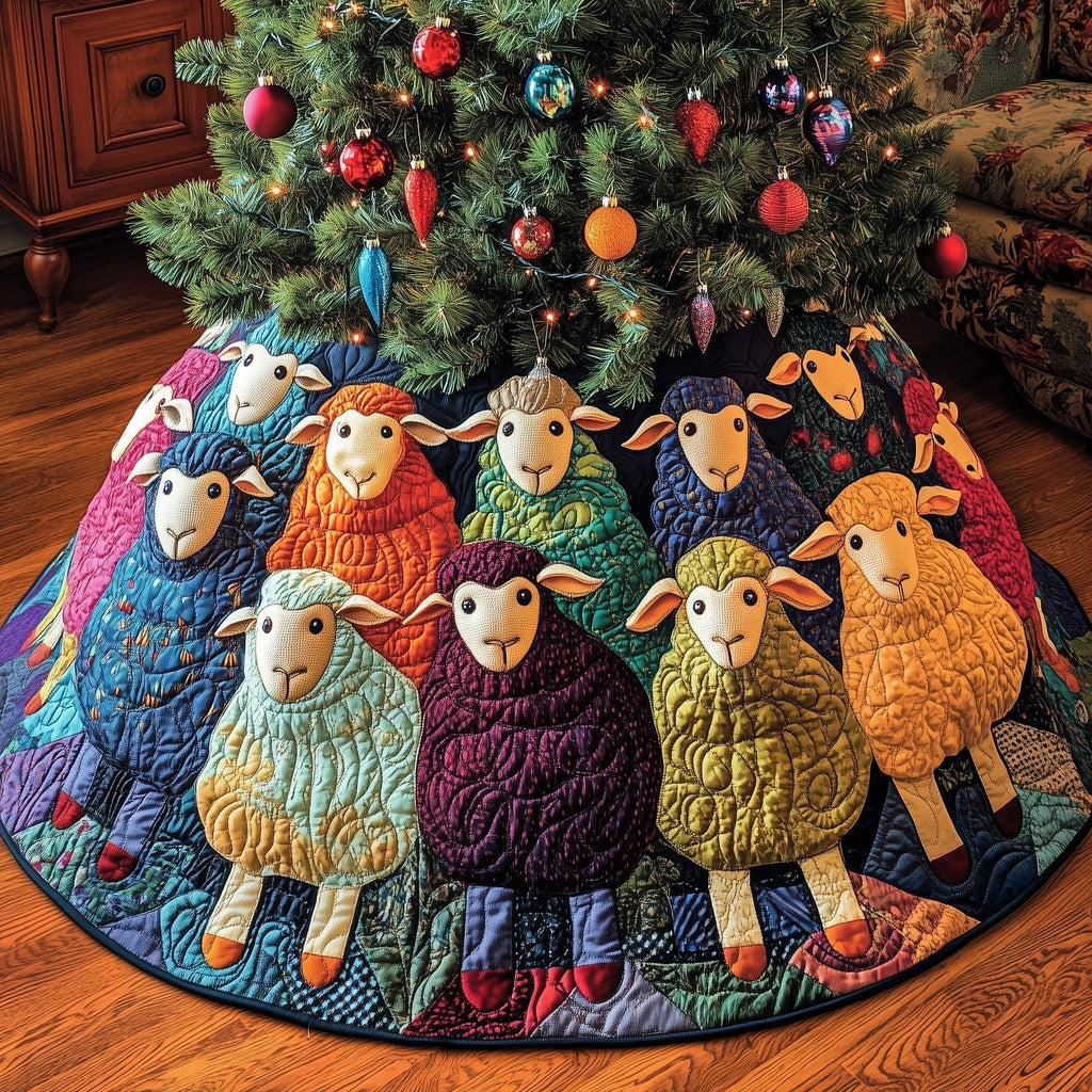 Brightly Colored Sheep Flock Christmas Tree Skirt