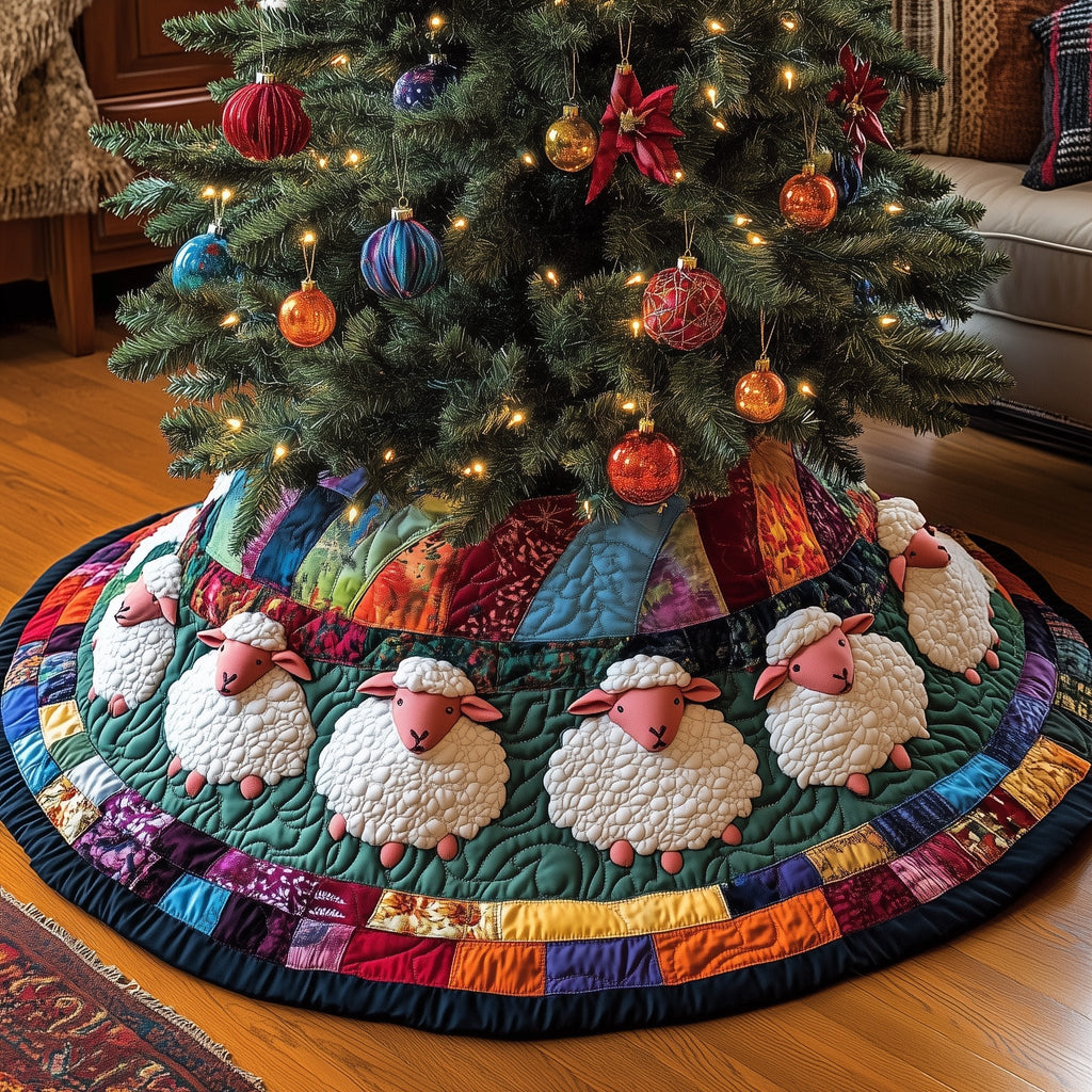 White Sheep on the Green Band Christmas Tree Skirt