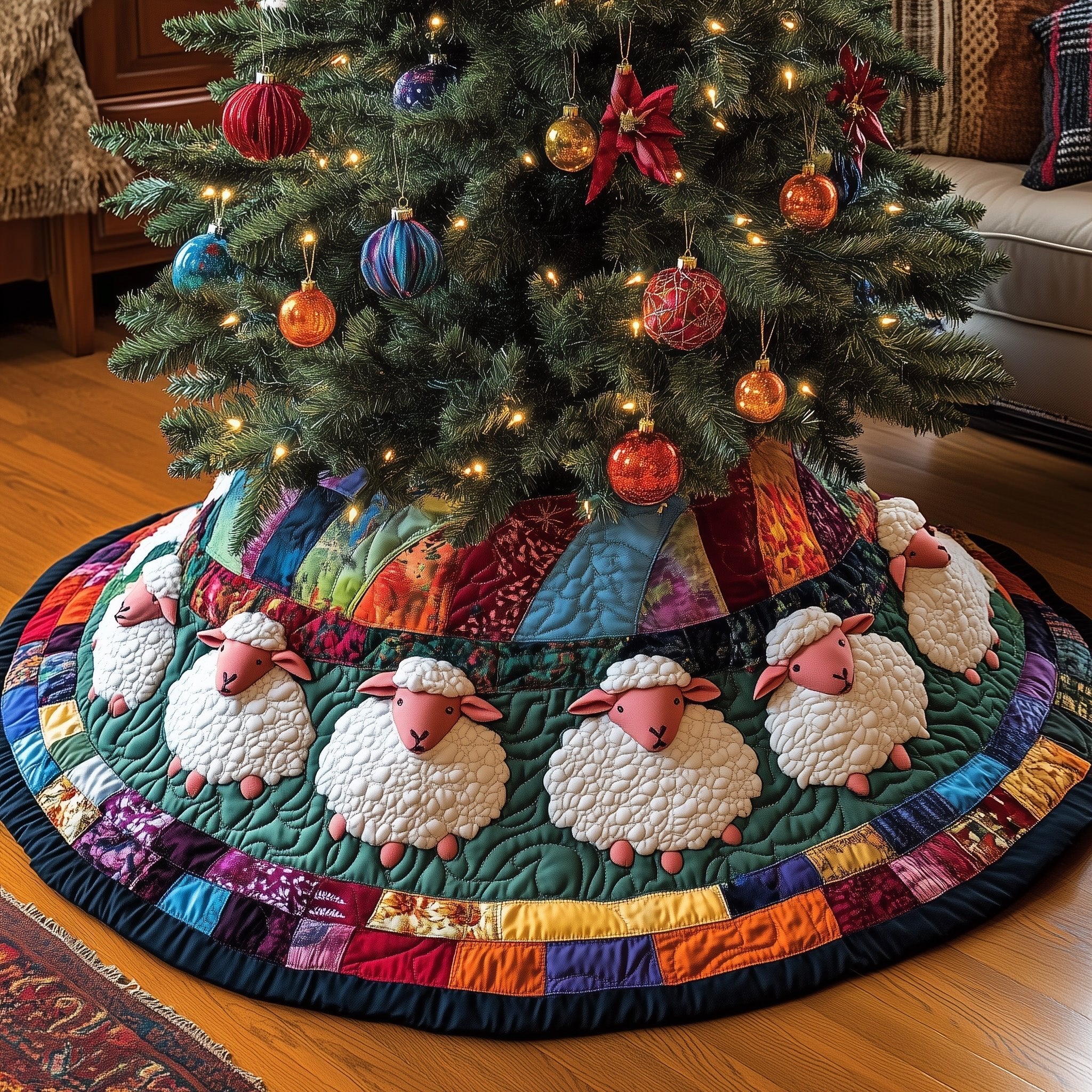 White Sheep on the Green Band Christmas Tree Skirt