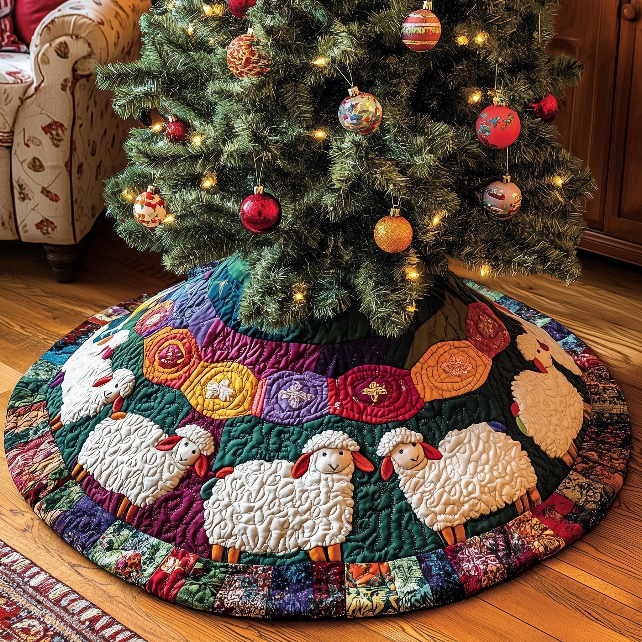Sheep Above the Jewel Patchwork Ring Christmas Tree Skirt