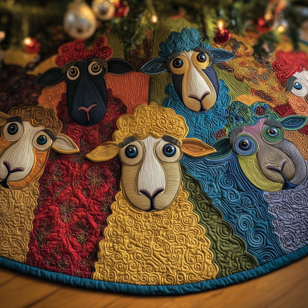 Large Sheep Faces on Red and Yellow Christmas Tree Skirt