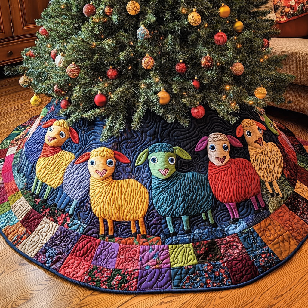 Sheep with Rainbow Wool on Purple Christmas Tree Skirt