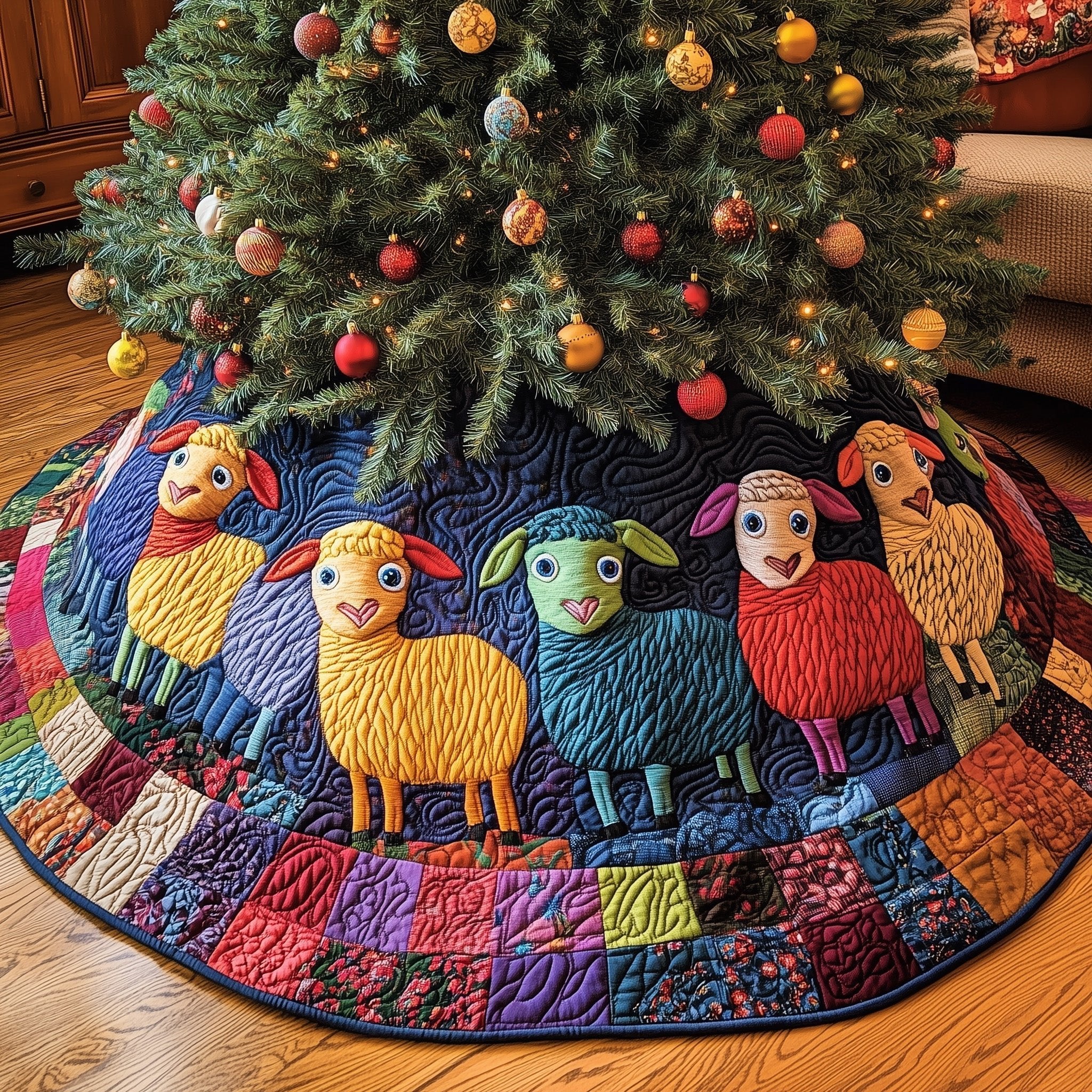 Sheep with Rainbow Wool on Purple Christmas Tree Skirt
