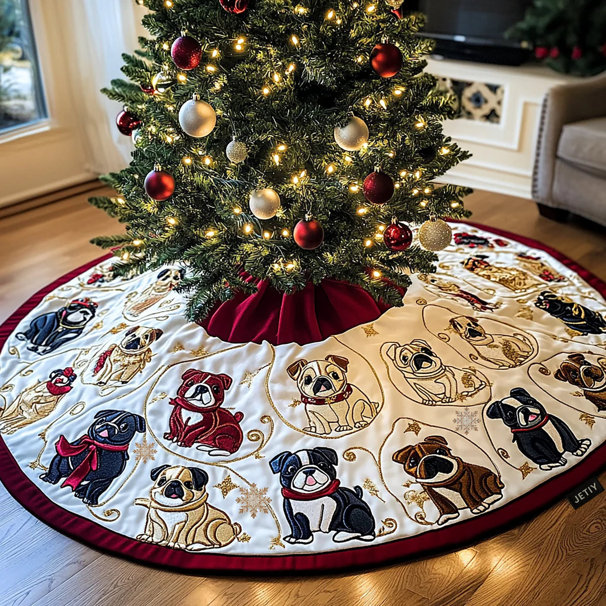 Pugs and Frenchies Gold Scrollwork Christmas Tree Skirt