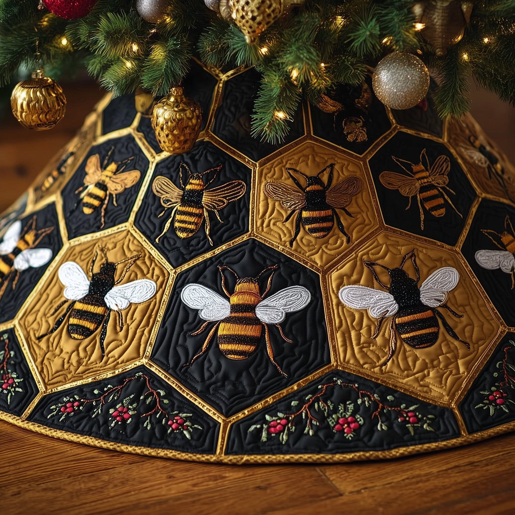 Bees on Dark Honeycomb Hexagons Christmas Tree Skirt