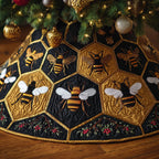 Bees on Dark Honeycomb Hexagons Christmas Tree Skirt