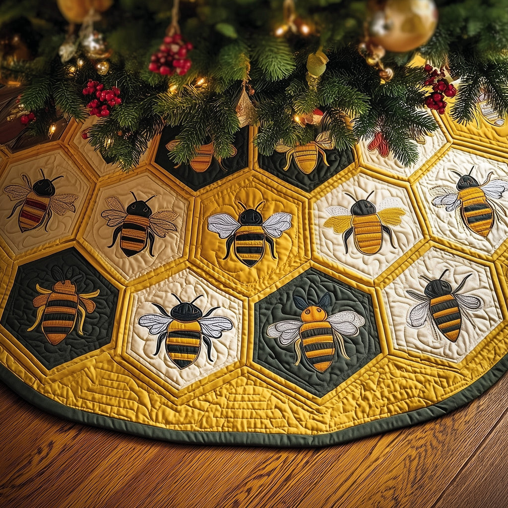 Bees on Golden Honeycomb Christmas Tree Skirt
