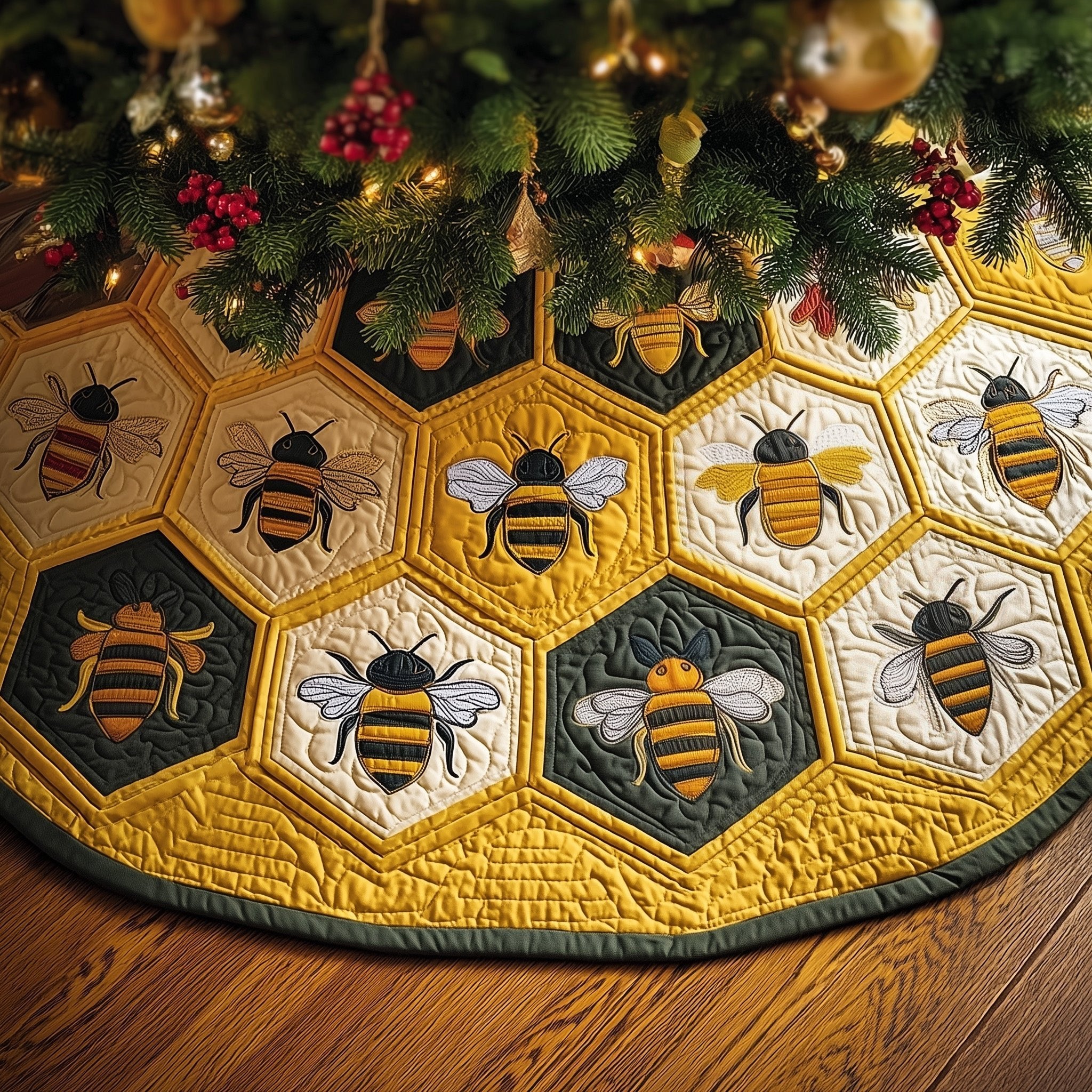 Bees on Golden Honeycomb Christmas Tree Skirt