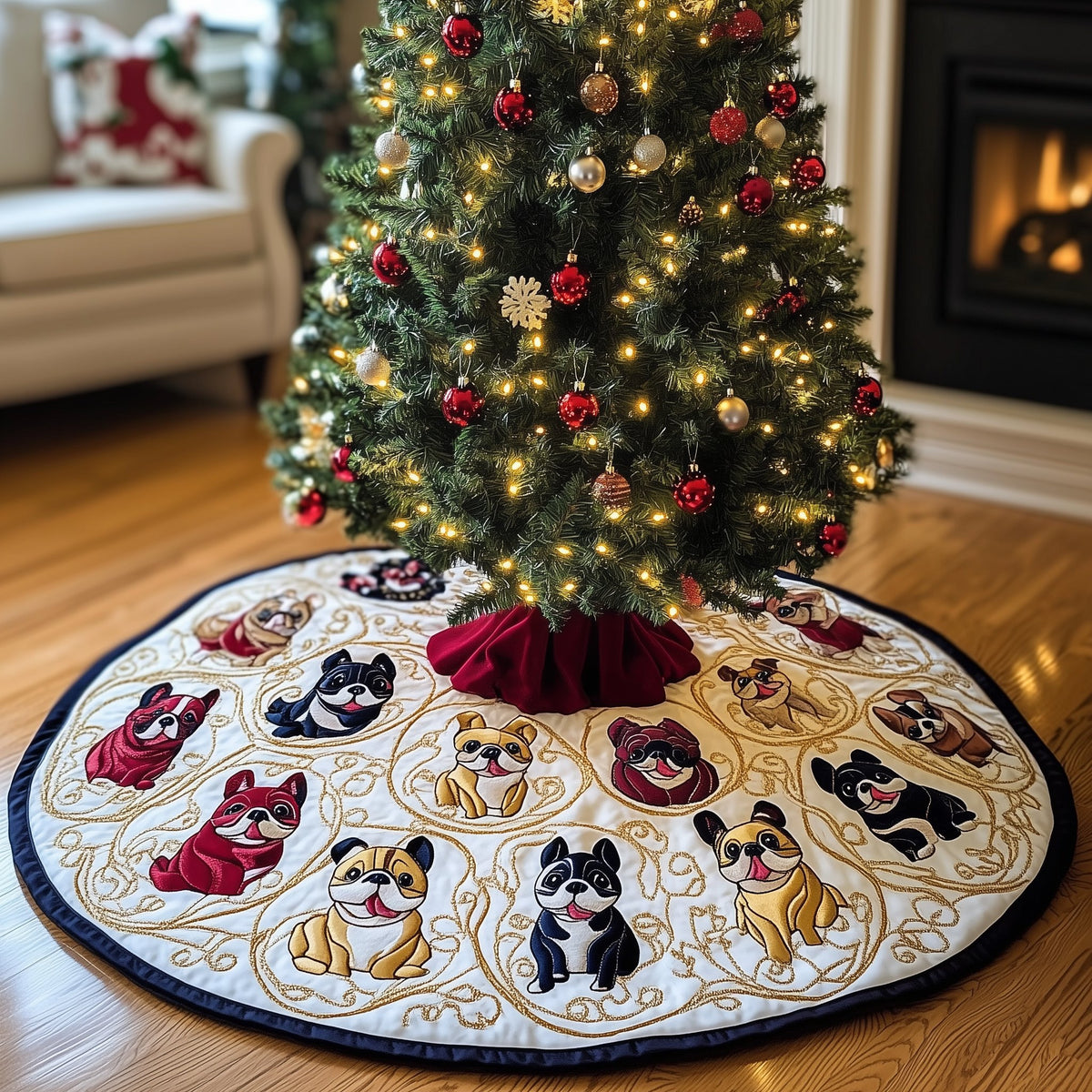 Bulldogs in Golden Oval Frames Christmas Tree Skirt