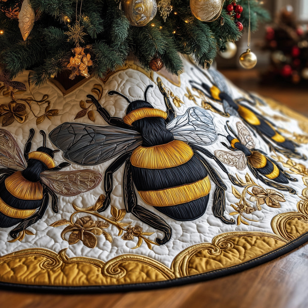 Bumblebees on White with Gold Scrolls Christmas Tree Skirt