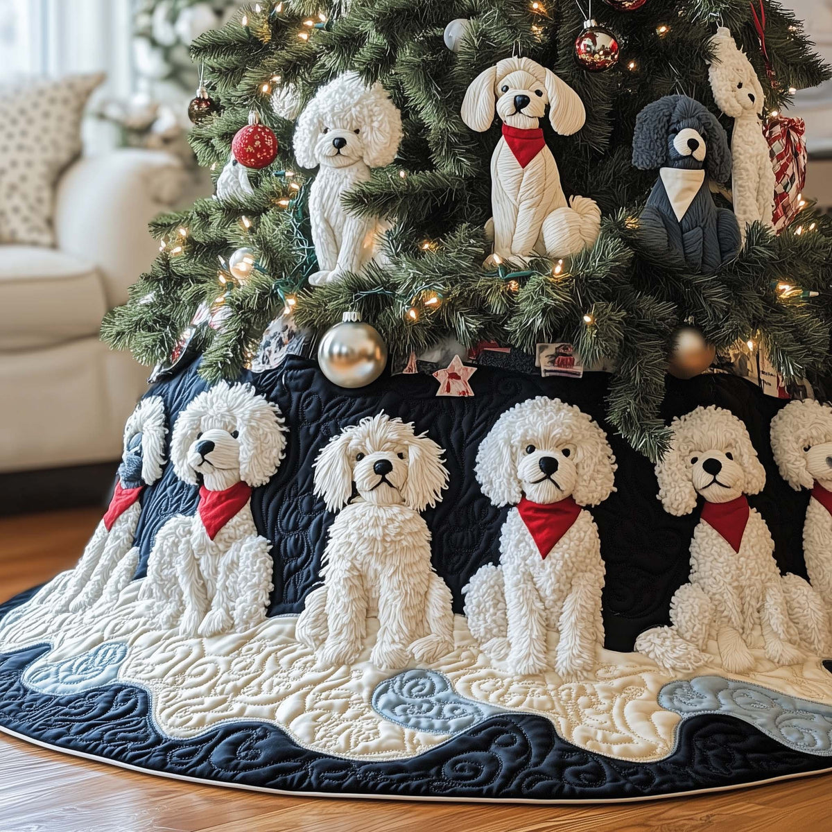 Bichons in Red Scarves on Navy Christmas Tree Skirt