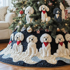 Bichons in Red Scarves on Navy Christmas Tree Skirt