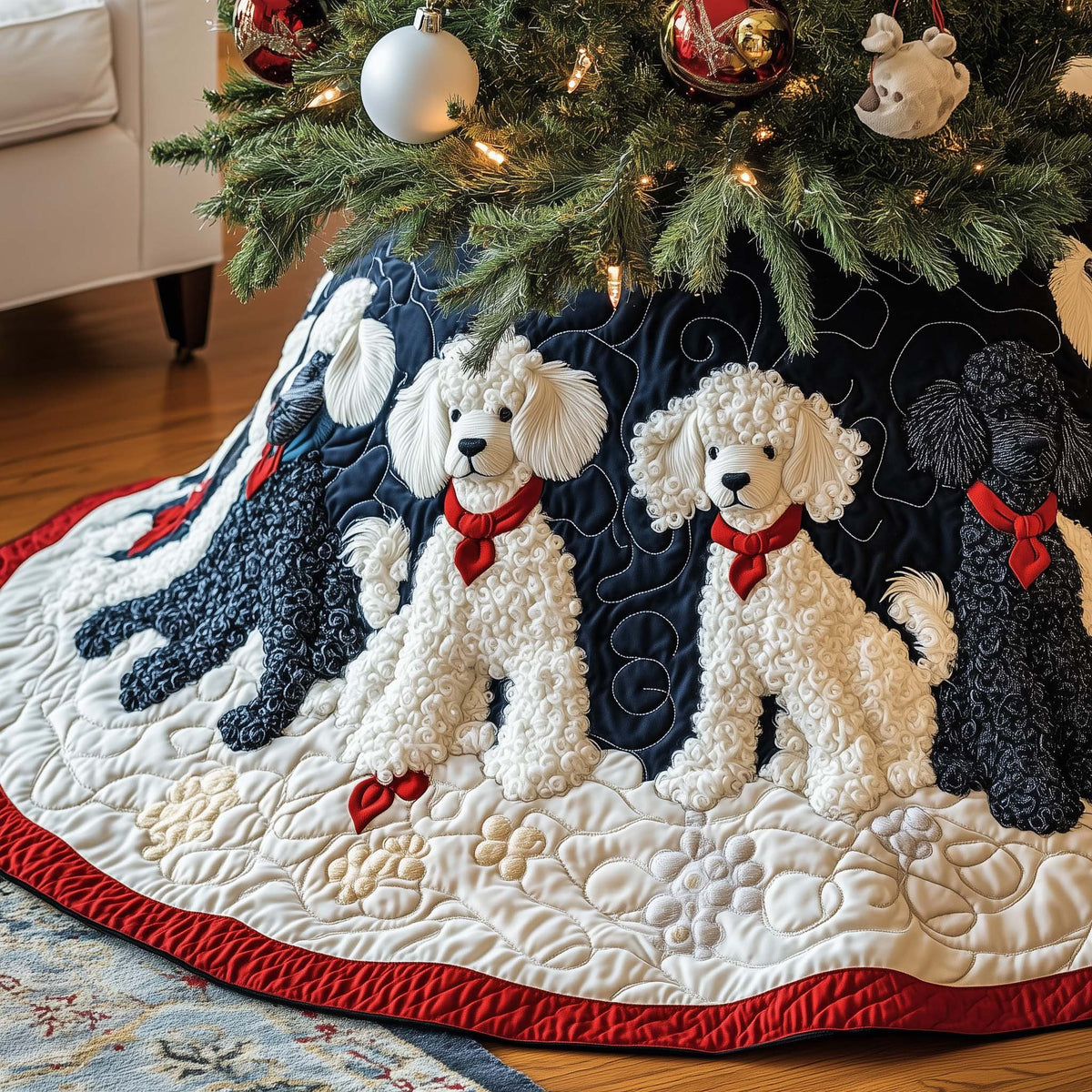 White Poodles on Navy Red Rim Christmas Tree Skirt