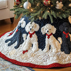 White Poodles on Navy Red Rim Christmas Tree Skirt
