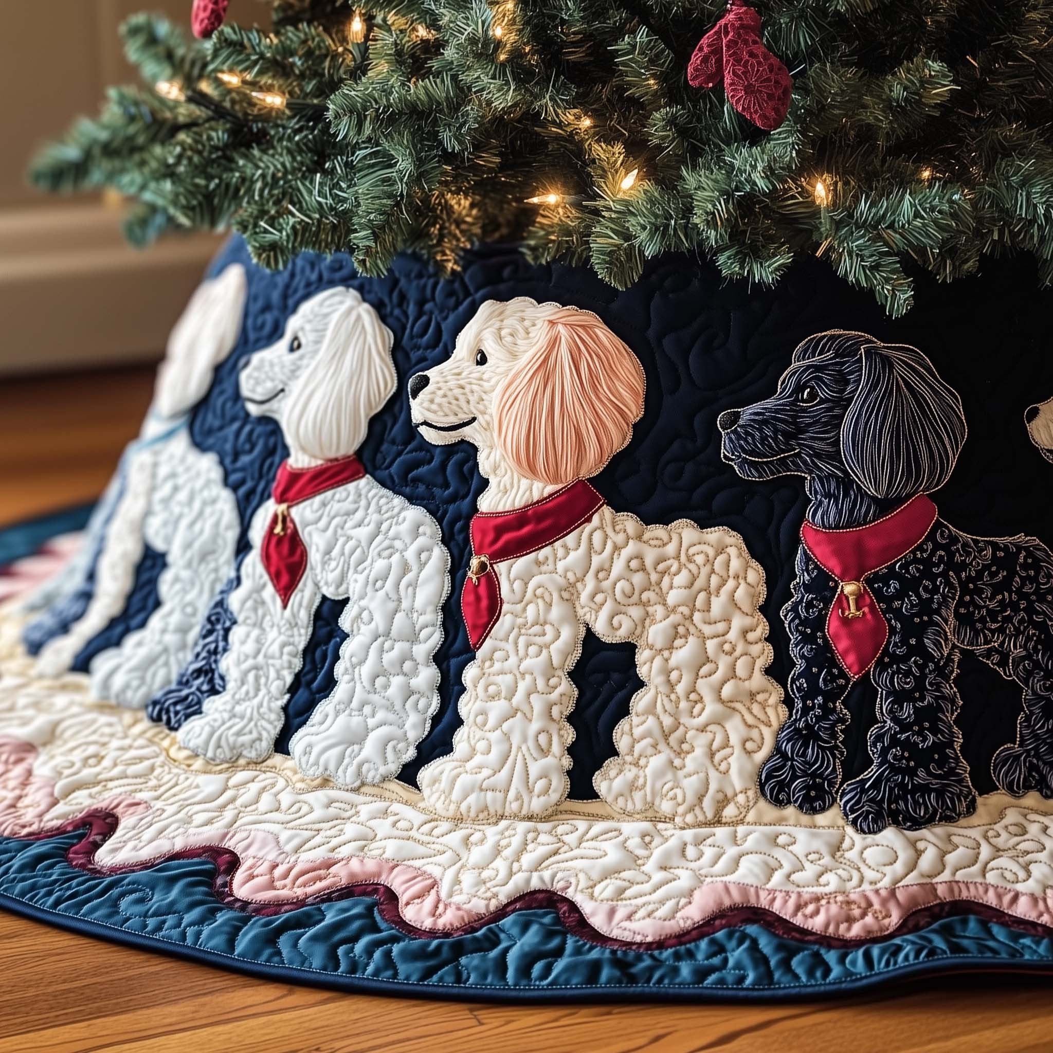 Poodles in Red Scarves Deep Navy Christmas Tree Skirt
