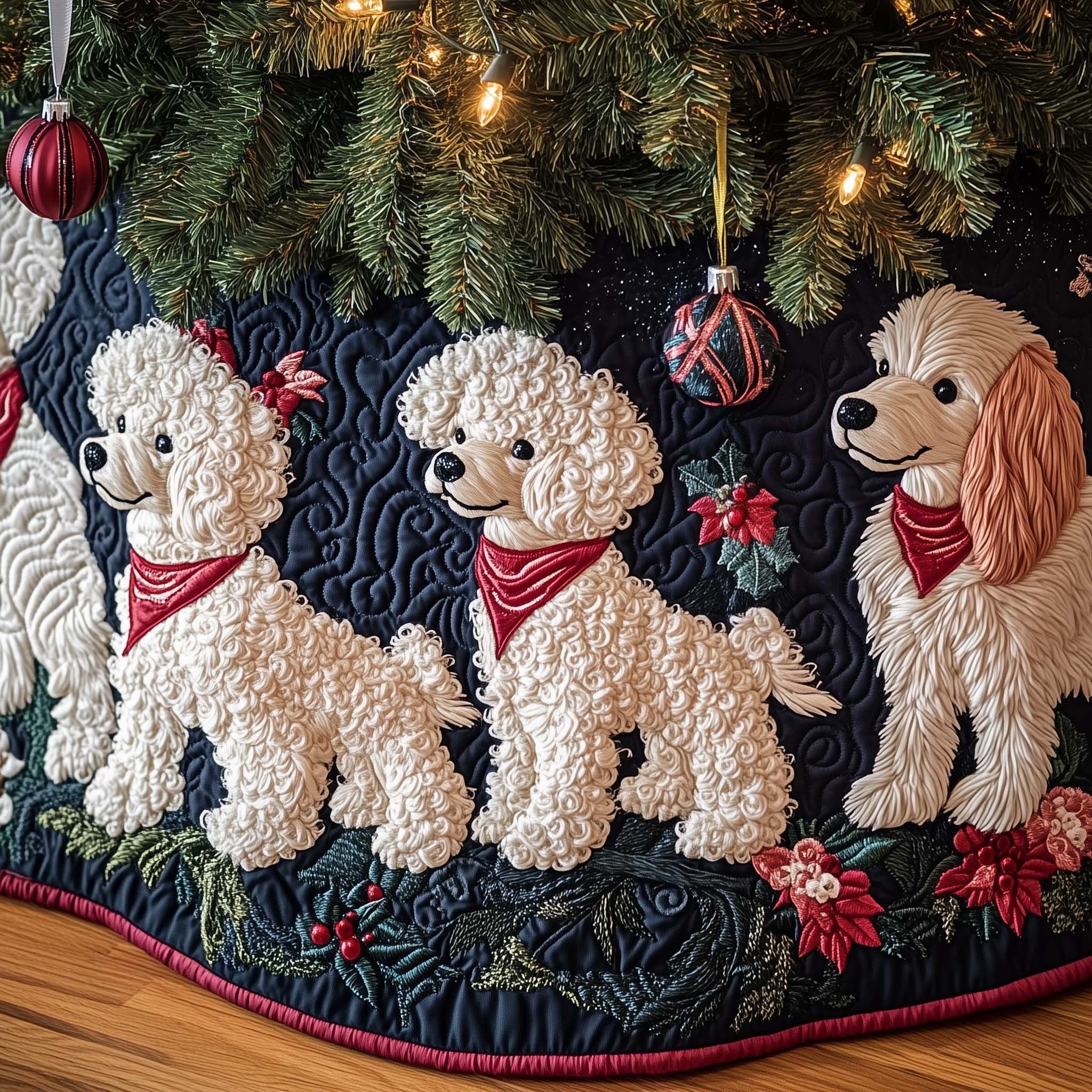 Cream Poodles on Navy with Holly Christmas Tree Skirt