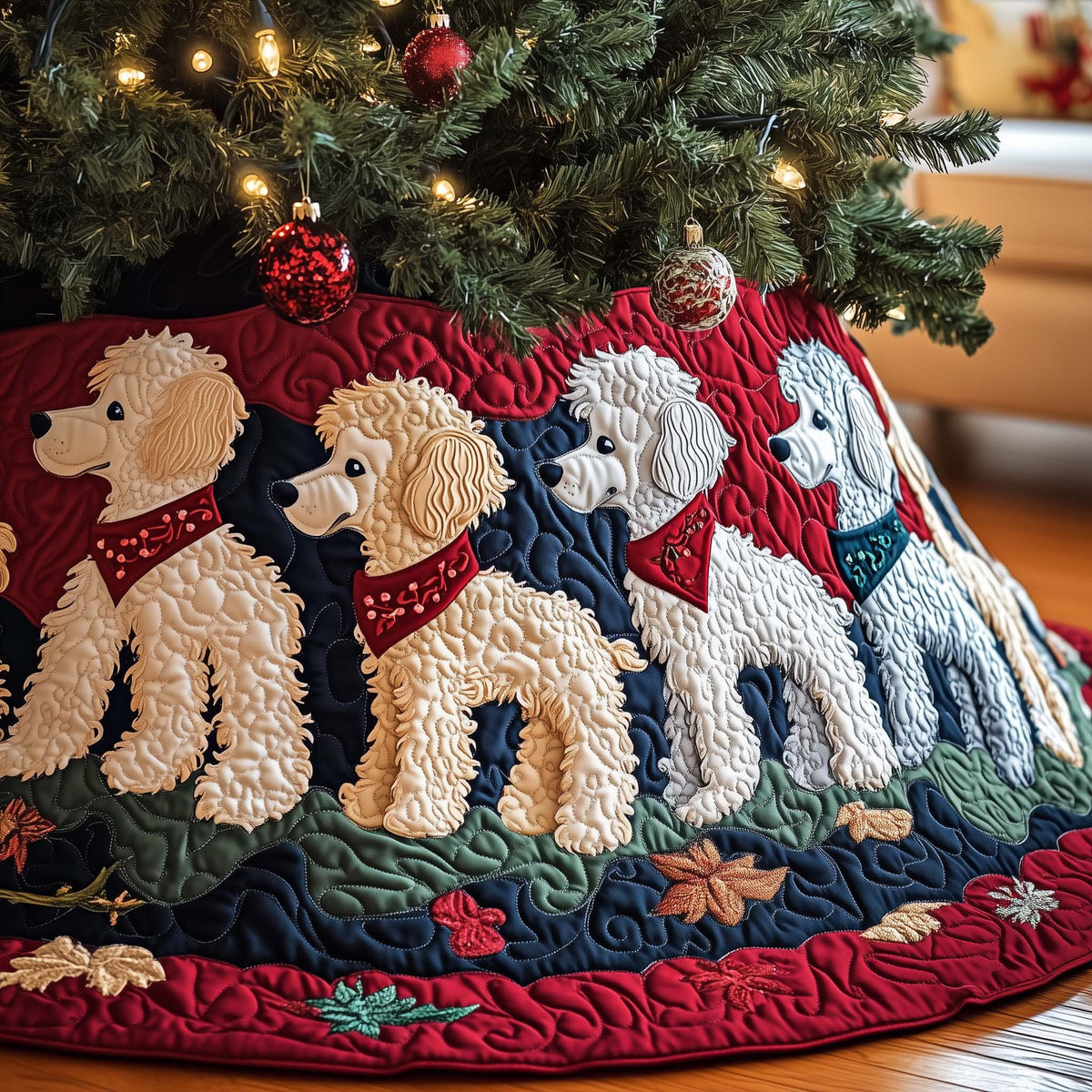 White Poodles with Red Scarves Christmas Tree Skirt