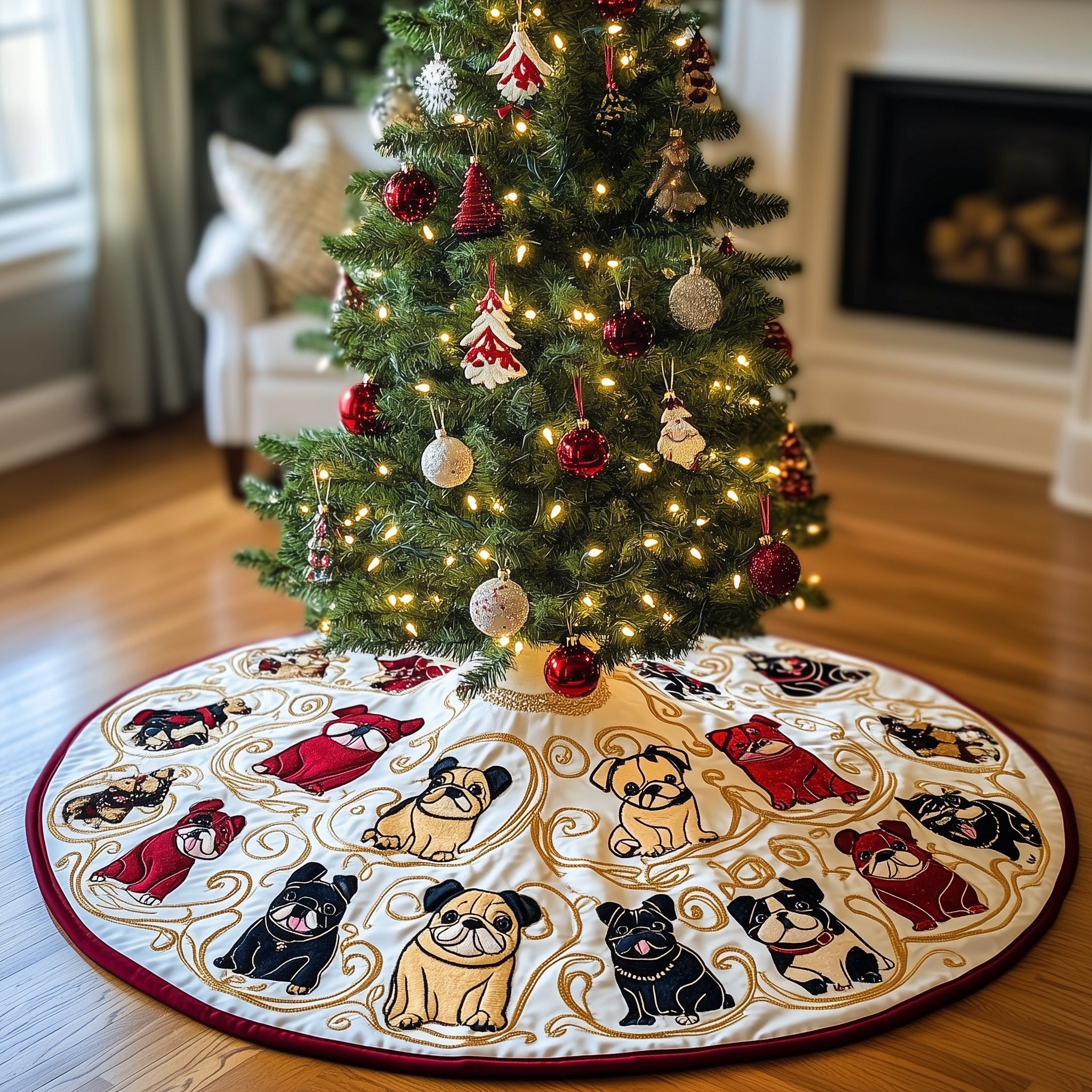 Pugs and Frenchies with Red Gifts Christmas Tree Skirt
