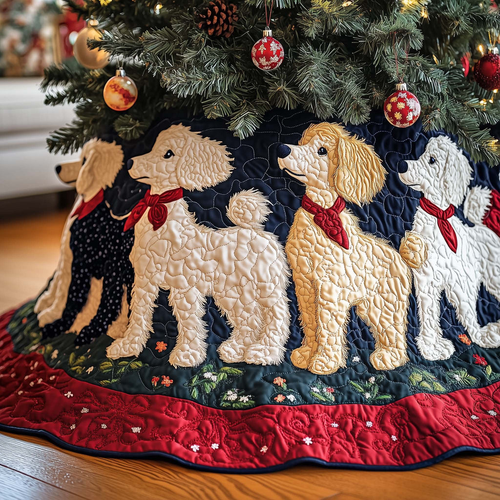 Cream Doodles on Navy Red Border Christmas Tree Skirt