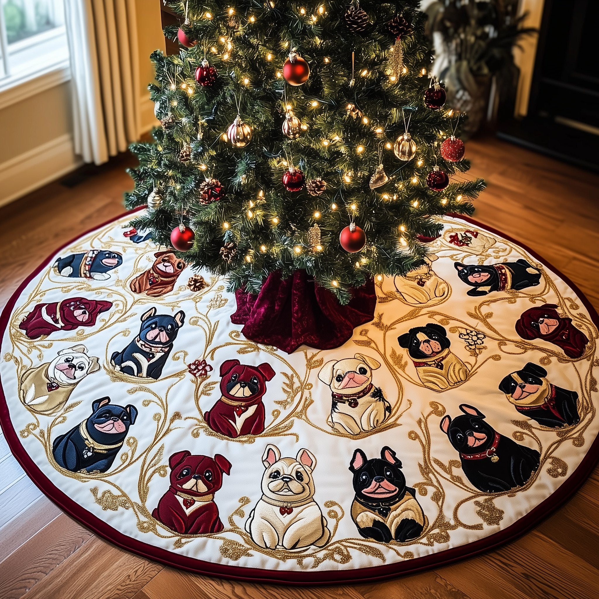 Bulldog Faces on Gold Vines Christmas Tree Skirt
