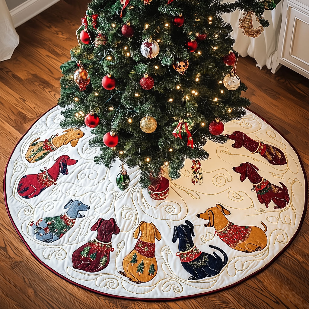 Dachshunds in Sweaters on White Christmas Tree Skirt