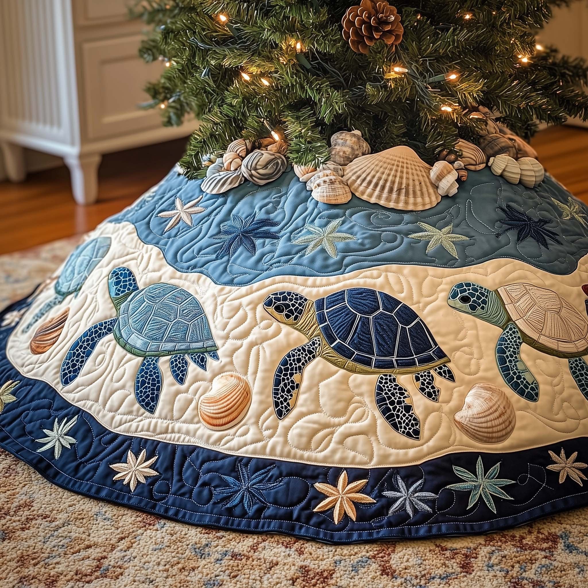 Sea Turtles Above the Blue Shell Border Christmas Tree Skirt